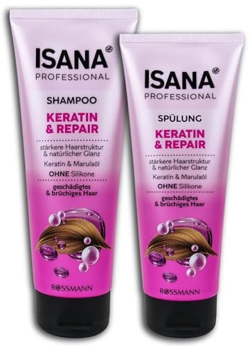 ISANA Haarpflege Set Shampoo & Spülung PROFESSIONAL Spülung Keratin & Repair 250 x 200 ml