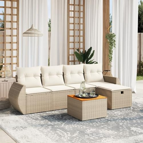 IKAYAA PolyRattan Lounge Balkon Lounge Gartenlounge Outdoor Rattan Gartenmöbel Set Balkonsofa Ecklounge Gartensofa Sofagarnitur -Beige und Creme-6-tlg-Typ 5