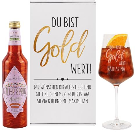 Herz & Heim® Glitter Geschenkset mit graviertem Glas, Geschenkbox und Glitter Spritz Flasche, Motivauswahl, personalisiert (Du bist Gold wert (Glitter Spritz alkoholfrei))