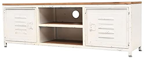 HETFTJN TV Schrank Lowboard 120x30x40 cm aus verzinktem Stahl und massiver Tannenholzplatte Industrial Design Weiß Braun mit 2 Regalen und 2 Schränken für Wohnzimmer und Schlafzimmer