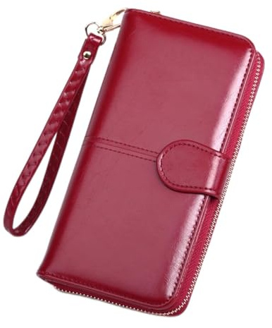 TLMDXTEU Langes Damenportemonnaie Oilskin Wallet Long Dreifache Handytasche Frauen Zipper Coin Bag Großes Fassungsvermögen(Wine red)