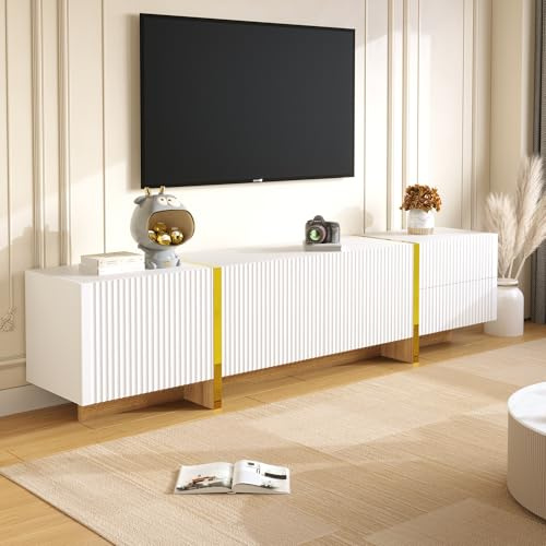 VIEKOS Mobile TV da 190 cm, 3 porte, 2 cassetti, bianco con oro e venature del legno