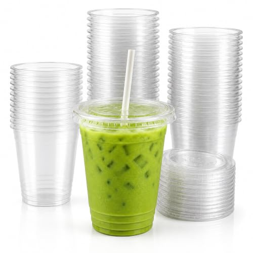 Vertduree Gobelets Lot de 100 Transparents avec 355ml Couvercle Plat | Gobelets Pet Réutilisables pour Smoothies Bubble Tea Milkshakes Café Glacé Jus Desserts Professionnelle