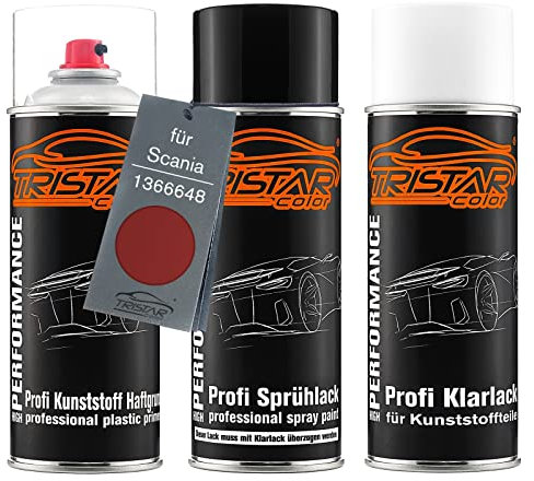 TRISTARcolor Autolack Spraydosen Set für Kunststoff Stoßstange für Scania 1366648 Rotbraun Haftgrund Basislack Klarlack mit Weichmacher Sprühdose