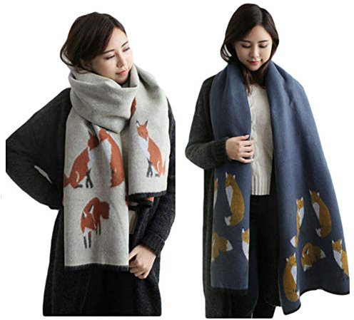 UK_Stone 2pcs Damen Fuchs Pattern Schal Halstuch Gross Poncho mit Quaste (Khaki+Blau)