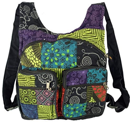 GURU SHOP Patchwork Rucksack, Freizeitrucksack, Hippie Rucksack - Schwarz, Herren/Damen, Baumwolle, Size:One Size, 30x28x6 cm, Ausgefallene Stofftasche