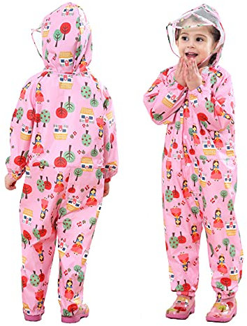 FILOWA Kids Puddle Suits Girls Raincoat Hooded Waterproof All in One Rainsuit Pink Lightweight Portable Breathable Rainwear PVC Hat Brim Zipper Muddy Suit for Childs 1-3 Years