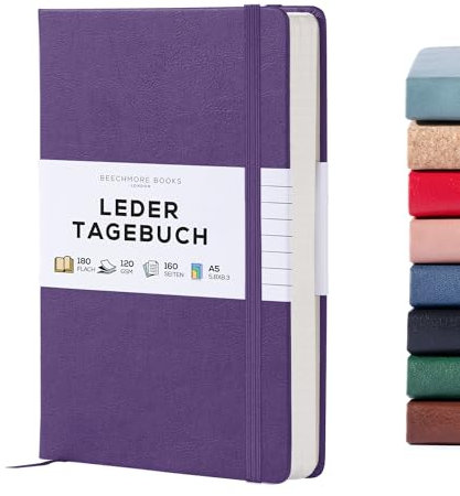 Beechmore Books Notizbuch liniert - A5, Lila Premium Hardcover Journal Buch aus veganem Leder, 120gsm creme Papier, inkl Geschenkbox, für Schriftsteller, Journalisten, Meetings & Studenten