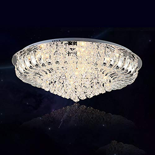 WDW 6167 Modern Genuine K9 Crystal LED Round Flush Ceiling Light Chandelier 3 Colours + Bluetooth Speakers + Remote Control (Clear, 50cm)