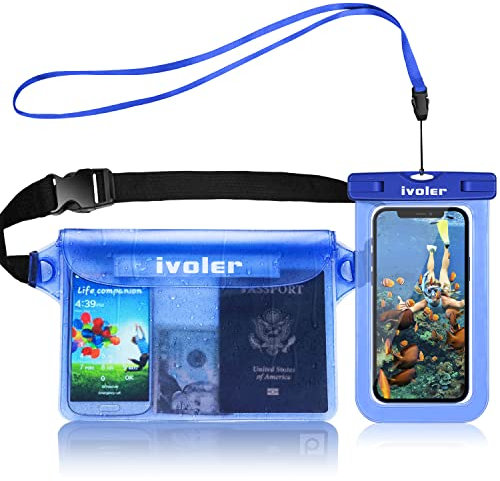 ivoler 2 en 1 Kit Étanche Sac Étanche avec Pochette Étanche Téléphone, Etui Pochette Imperméable à Ceinture avec Housse Étanche Smartphones pour Camping Nautique Kayak Pêche Rafting Natation (Bleu)