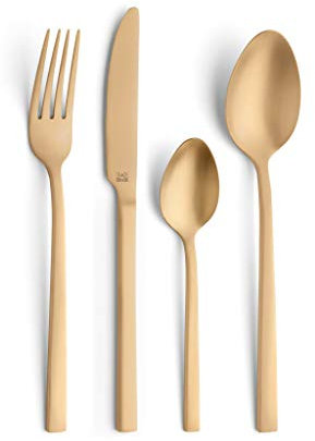 B&R PANO PVD Besteck Set, Gold, 16-teilig, Für 4 Personen, Besteck Gold, Goldenes Besteck Matt, 18/0 Edelstahl Rostfrei, Messer aus 13/0 Klingenstahl, Spülmaschinenfest