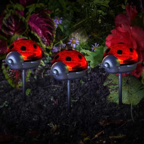 Garden Mile LED-Marienkäfer oder Biene mit Solarbetrieb, Dreierpack, Erdspießleuchte, Marienkäfer oder Biene, Gartenbeleuchtung, Außenweg, Auffahrt, Feengarten-Dekoration (Marienkäfer, Dreierpack)