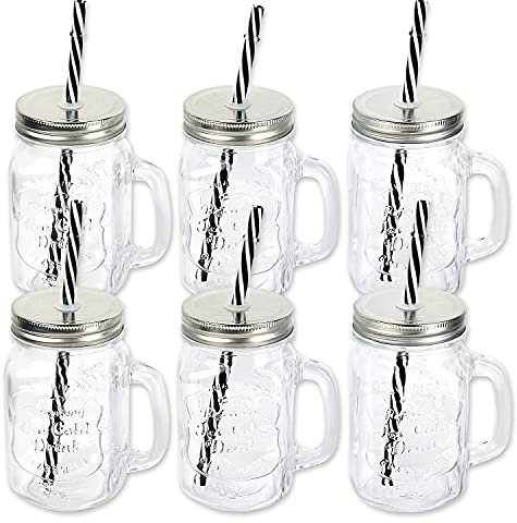 Schramm® 6 Stück Trinkgläser mit Deckel, Henkel und Mehrweg -Strohhalm Trinkhalm wiederverwendbar (iii) in 4 Varianten wählbar Glas Gläser Trinkglas Cocktail Drinking, Farbe:Silber