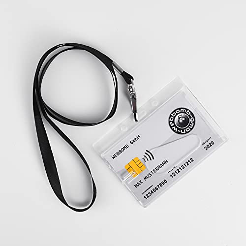 Ausweishülle Kartenhalter aus Hartplastik Ausweishalter horizontal mit Daumen-Ausschub für Ausweise Karten Namensschilder ID-Card Schutzhülle transparent + 360° Umhängeband Lanyard Schwarz