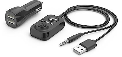 Hama Bluetooth Freisprecheinrichtung für Autos mit Aux-Eingang (mit 2-Fach USB-Ladegerät, kabellos telefonieren und Musik hören über Kfz-Lautsprecher, 3,5 mm Klinke Adapter, Car Audio, Bluetooth 5.1)