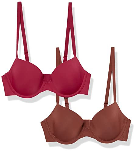 Amazon Essentials Women's Half-Cup Microfibre Bra with Adjustable Straps, Pack of 2, Chocolate/Red, 36B