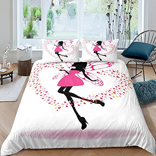 Homemissing Filles Housse de Couette Fée avec Ailes Parure de Lit 220x240cm Amoureux Coeurs Ensembles de Housse de Couette pour Enfants Chambre Décor Girly Rose Papillon Léger avec 2 Taie d'oreiller