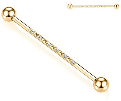 Industrial Piercing 14G Industrial Ohrringe Chirurgenstahl Industrial Barbell Knorpel Piercing Schmuck 1 1/2 Zoll 38mm Gold Industrial Barbell mit CZ Pyramide gepflastert