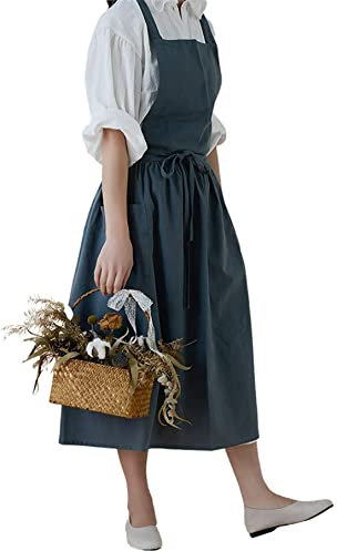 Achsoo Mujer Delantales con 2 Bolsillos Algodón Estilo Japonés Baberos Suave Color Sólido Chef Delantal para Cocina Barbacoa Cocinar Hornear Jardinería Restaurante Floristería(Azul)