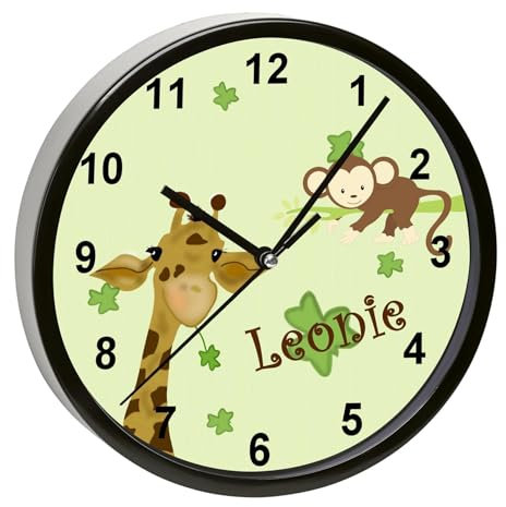 CreaDesign, Wanduhr für Kinderzimmer Giraffe-AFFE, Kinderuhr schwarz mit Quarz Uhrwerk, personalisiert mit Name, Durchmesser 19,5 cm
