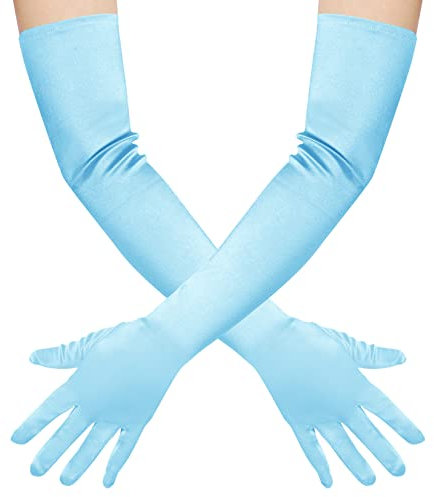 Wobe Lange Opera Party 20er Jahre Satin Handschuhe Dehnbar Erwachsene Größe Ellenbogen Länge Hochzeit, Hell, blau, Einheitsgröße