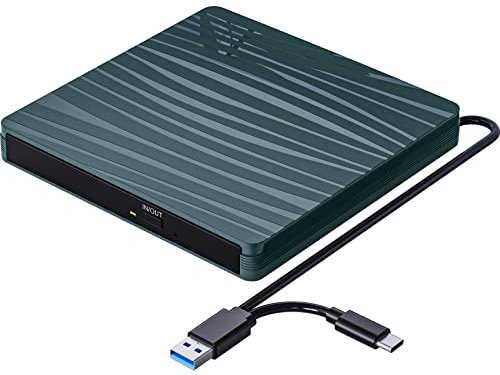 Lettore CD DVD Esterno per PC Portatile USB 3.0, Slim USB C CD DVD RW Masterizzatore CD Esterno per Macbook, Desktop, PC, Laptop, Compatibile con Windows 11/10/XP/8/7/Vista/Linux/MacOS, Verde Alpino