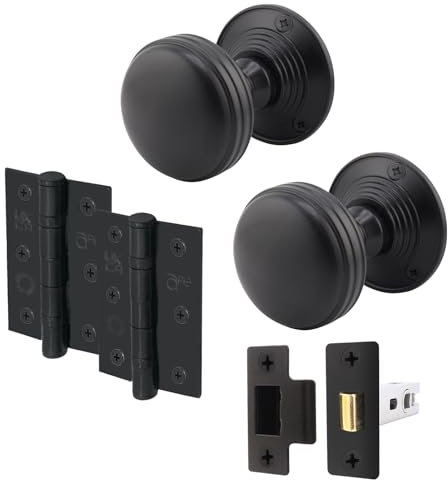 EAI Lined Door Knob Set Matt Black | 1 Pair of Mortice Knobs (55mm), Latch (76mm) & Hinges (76mm) for Internal Doors
