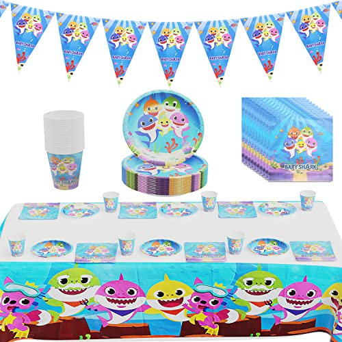 Set Festa di Compleanno 62 Pcs - Stoviglie, Tovaglia, Piatti, Tazze, Tovaglioli, Decorazione per Bambini (Blu)