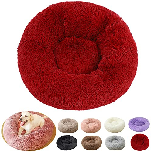 rngcpto Hundekissen Flauschig Hundebett Orthopädisch für Mittelgroße Hunde, Waschbar Hundekissen Katzenbett, Rund Plüsch Hundekörbchen Hundesofa Katzenkissen (80cm, Burgunderrot)