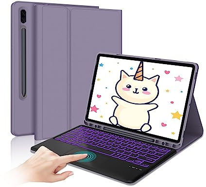 IVEOPPE Samsung Galaxy Tab S7 FE/ S7 Plus/ S7+/ S8+ 12,4 Housse de Clavier Amovible rétro-éclairé 7 Couleurs Bluetooth français AZERTY avec pavé Tactile, étui avec Porte-Stylet, Violet