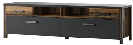 PRICE FACTORY just for you Meuble TV Windsor Gris Anthracite et chêne foncé - 190 cm - 2 Portes, 2 tiroirs, 2 niches - 187 x 52.6 x 50.4 cm