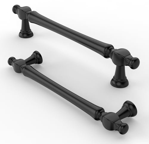 Furniware Vintage Cabinet Handles - Pack of 10, Matt Black Pulls - 128mm(5 Inch) Hole Center, Kitchen Cabinet Hardware