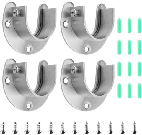 CHEUKYIU 4 Stück Kleiderstangenhalter, 28mm Durchmesser Rundrohr Halterung, Stangenhalterung Edelstahl, mit 12 Schrauben und 12 Gummistopfen, für Kleiderschrank, Balkon, Badezimmer, Silber