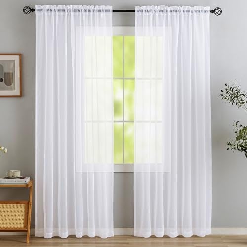 MYSTIC-HOME Gardinen Weiss Transparent - Voile Gardinen Wohnzimmer Modern - Luftige Soft und Sonnenlichtfilterung - Rod Pocket Vorhang Weiß Durchsichtig für Schlafzimmer, Weiß 2er Set H245 x B140 cm