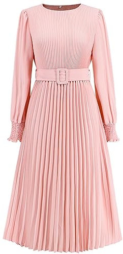 gtmma Affidabili Donne Eleganti Manica Lunga Abiti Da Partito Con Cintura Girocollo A Vita Alta Midi Vestito Gonna Pieghettata, rosa, M