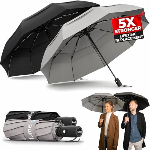 TUMELLA Strongest Windproof Travel Umbrella (Compact, Superior & Beautiful), Small Strong but Light Portable and Automatic Folding Rain Umbrella, Durable Premium Grip, Fits Car & Backpack Black Grey
