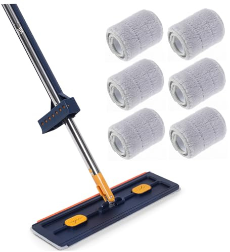 Flachwischer Blau mit 6 Wischpads, und Komfortablem Griff | PVC und Legierung, Schnelle Entwässerung, Vergrößerte Fläche, Gründliche Reinigung für Haushalt