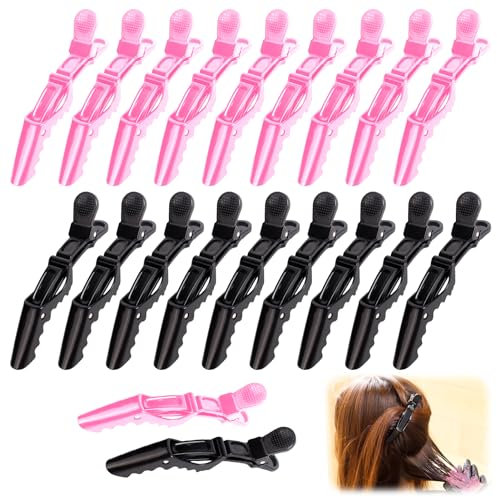 Set di 20 Fermagli a Coccodrillo Professionali per Capelli - Plastica Resistente con Molla Elastica - Accessori da Salone per Acconciature alla Moda (Rosa e Nero)