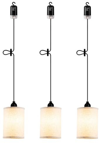 YIKEGE LICHT 3x Boho Hängelampe mit Batterie Akku Glühbirne Hängeleuchte Deckenlampe ohne Strom Stromanschluss Stoff Lampenschirm Zylinder Laternen Dimmbar Nachtlicht für Schlafzimmer Kinderzimmer