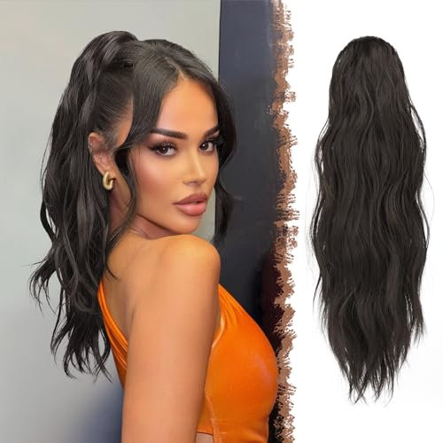 FESHFEN Gewellt Pferdeschwanz Haarteil mit Klammer, 50cm Pferdeschwanz Zopf Extensions Claw Clip in Wavy Ponytail Extension Synthetik Haarverlängerung für Frauen Damen Schwarz Braun
