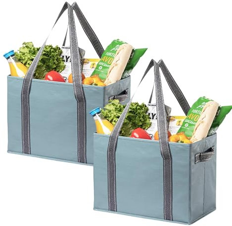 VENO 2 Pack Reusable Grocery Bags, Shopping Bags for groceries, Extra Large Utility Tote with Handles and Hard Bottom, Foldable Cart Organizer, Multi-Purpose, Heavy-Duty (Light Blue, 2 Pack)