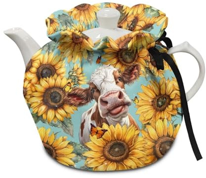 Poceacles Sunflower Funny Cow Tea Cozy, Teapot Cozies Dust Proof Insulated Teapot Cover Keep Warm Home Kitchen Table Decorative Accessories Kettle Quilt for Hotel Restaurant Tea Party