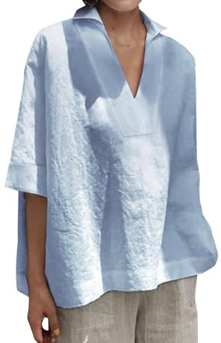 blitzangebote des Tages leinen Bluse hemdbluse Damen lang tunika Damen große größen Baumwoll Leinen Revers Halben Ärmel Tunika Bluse musselin Carmenbluse (Himmelblau, M)