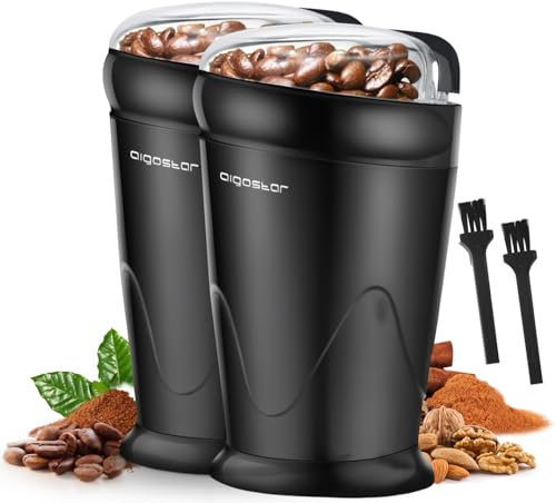 Aigostar Molinillo de Café Eléctrico, Molino Cafe Cereales con Cuchillas Acero Inoxidable, Capacidad 60gr con Cepillo para Limpieza, Tapa Transparente, Libre de BPA, 200W, Negro, 2 Pcs