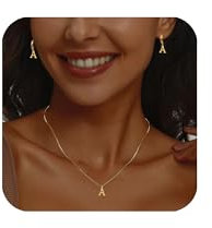 Hernin Kette Buchstabe Gold für Damen Vergoldete Buchstaben Halskette Damen Golden Kette mit Buchstaben A-Z Initial Halskette mit Ohrstecker Geschenke für Frauen Mädchen (Gold #A)