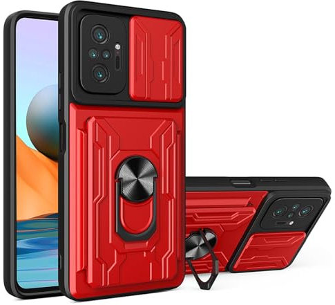 ILING Billetera Funda para Xiaomi Redmi Note 10 Pro 4G, Ultradelgado Mate Dura PC Carcasa Antigolpes Silicona Cubierta con Tarjetero, Anillo Soporte, Tapa Cámara Deslizante (Rojo)
