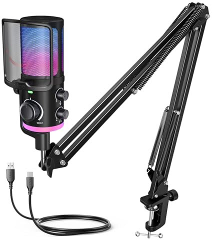 FIFINE AM6T USB Streaming Microphone for PC Gaming, Professional Condenser Mic with RGB, Noise Cancellation&Game/Chat Mixer-Plug & Play for Discord Chat/Streamer/Podcaster, with Boom Arm&Pop Filter