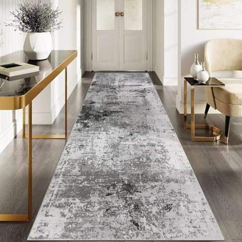 Cekene Carpet Runners for Hallways Non-slip Grey 80x300cm Extra Long Kitchen Rug Washable Distressed Hallway Runner Mat Low Pile Floor Carpet for Entrance Bathroom Laundry Bedroom