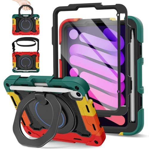 ROISKIN Case for iPad Mini 7 (A17 Pro) 2024 / iPad Mini 6 2021 8.3 Inch,Shockproof Kids Cover for iPad Mini 7/6 with Rotating Stand & Pencil Holder & Shoulder Strap (Black-Red)