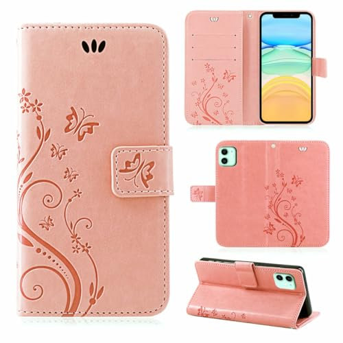 Hülle Kompatibel mit Apple iPhone 11 | Premium PU Leder Handyhülle Wallet Case für iPhone 11 | Schutzhülle Blumen Klapphülle Handyhülle | Rosegold
